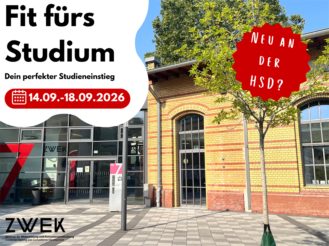 Grafik zur Veranstaltungsreihe „Fit fürs Studium“ an der HSD vom 14. bis 18. September 2026. Zu sehen ist der Campus mit einem Hinweis für neue Studierende sowie Informationen zum Studieneinstieg.